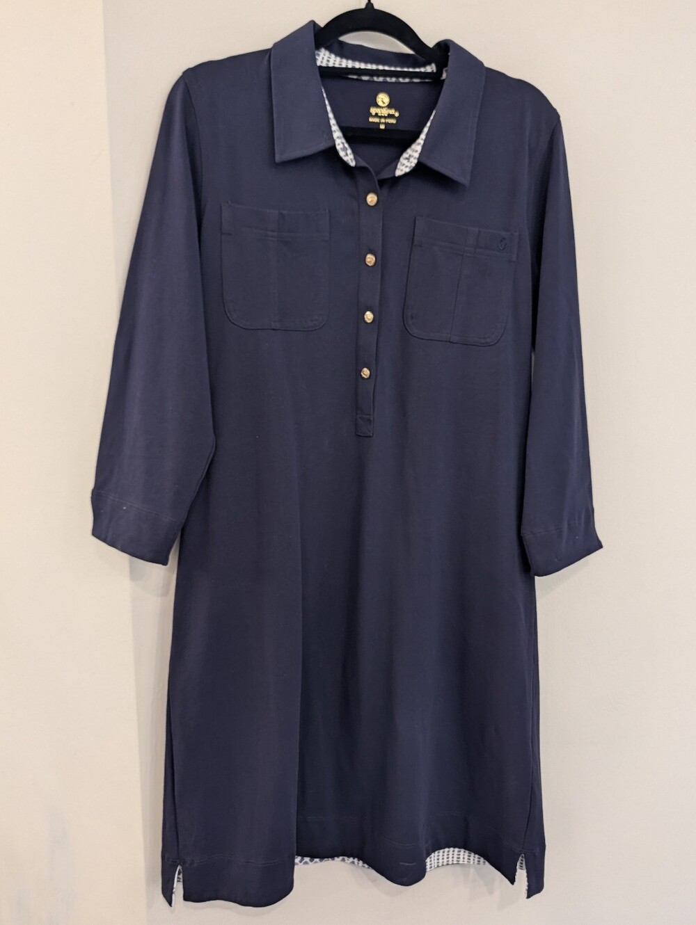 Spartina 449 Navy Shirt Dress Contrasting Collar & Cuff Gold Button Women's Med